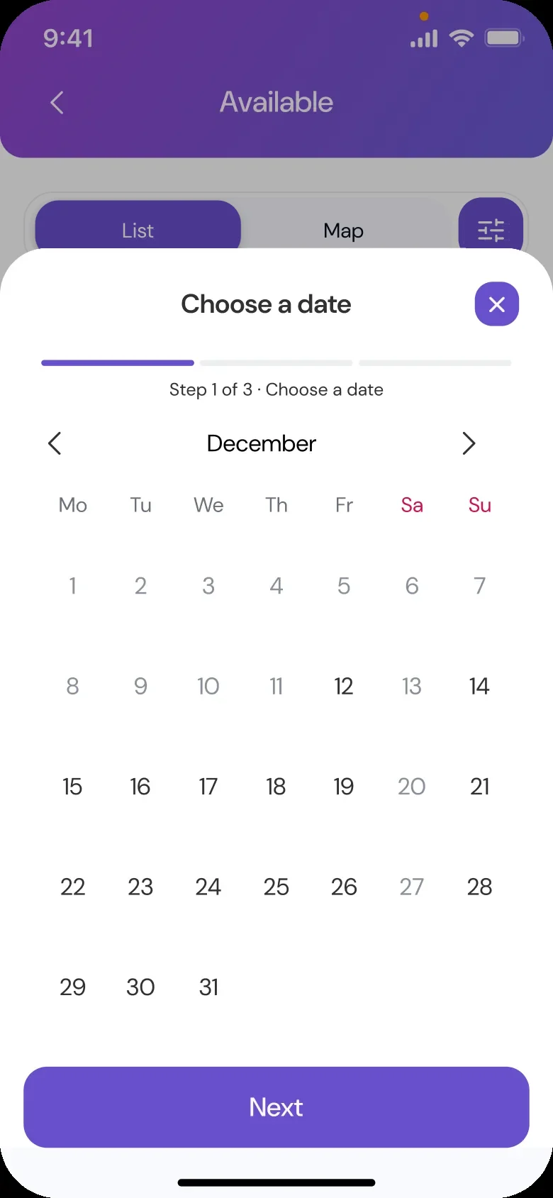 Booking step 1: pick a date