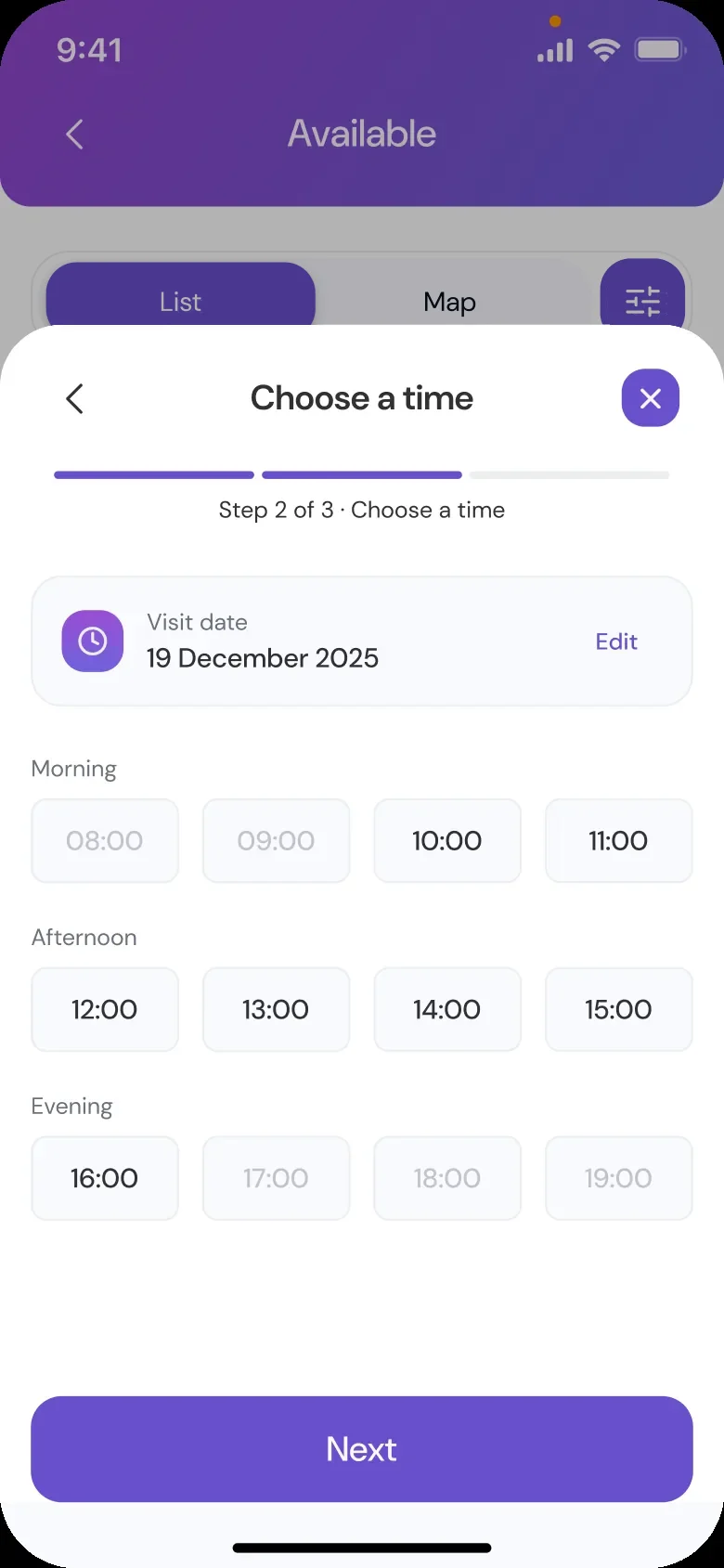 Booking step 2: pick a time